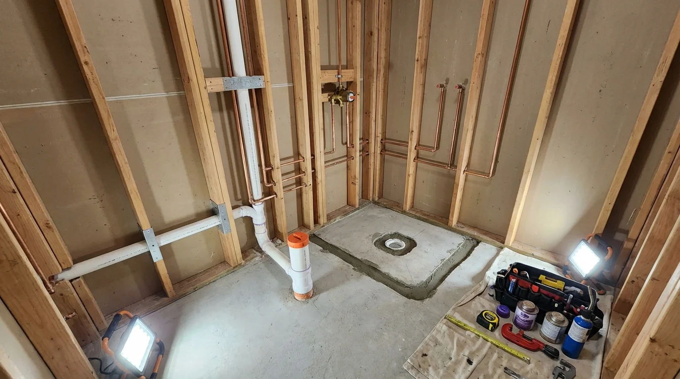 Bathroom rough-in plumbing during remodel by Johns Plumbing LLC in Lawndale