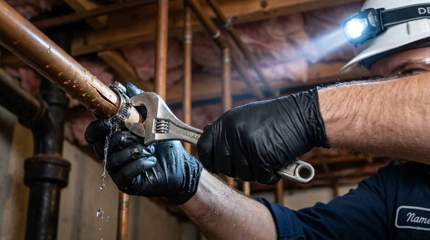 Emergency pipe clamp repair being performed by a Johns Plumbing LLC plumber in Lawndale