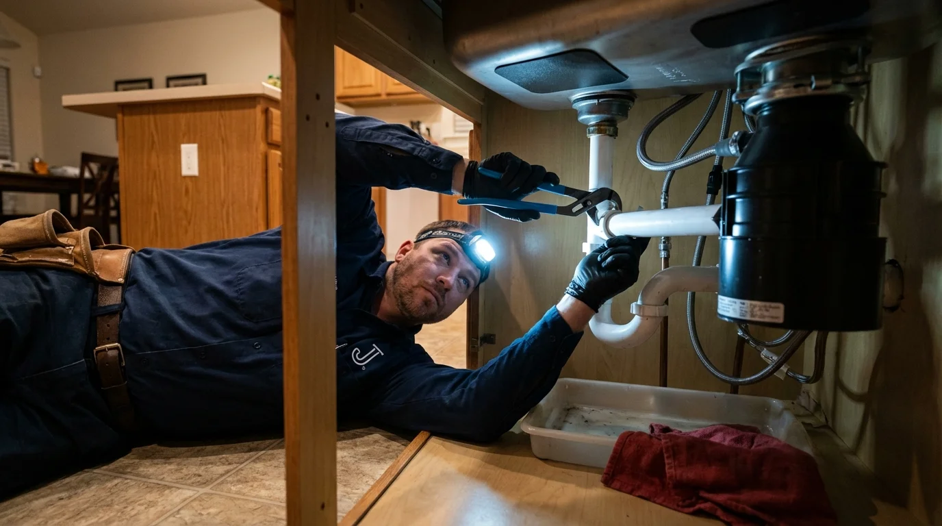 P-trap and supply line connections under a kitchen sink showing a common leak point in Lawndale, CA